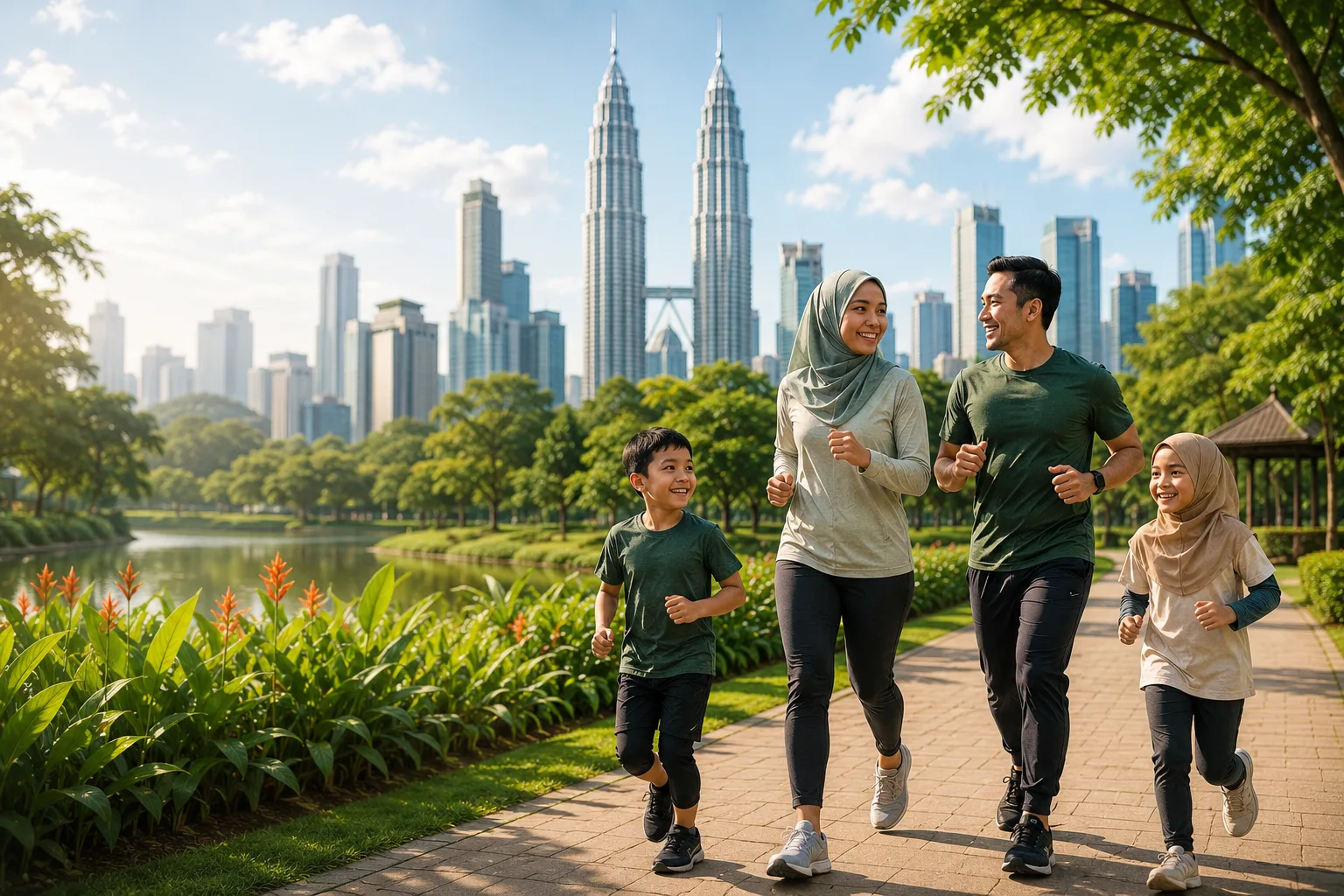 Keluarga Malaysia bersenam riang di taman berlatarkan KLCC