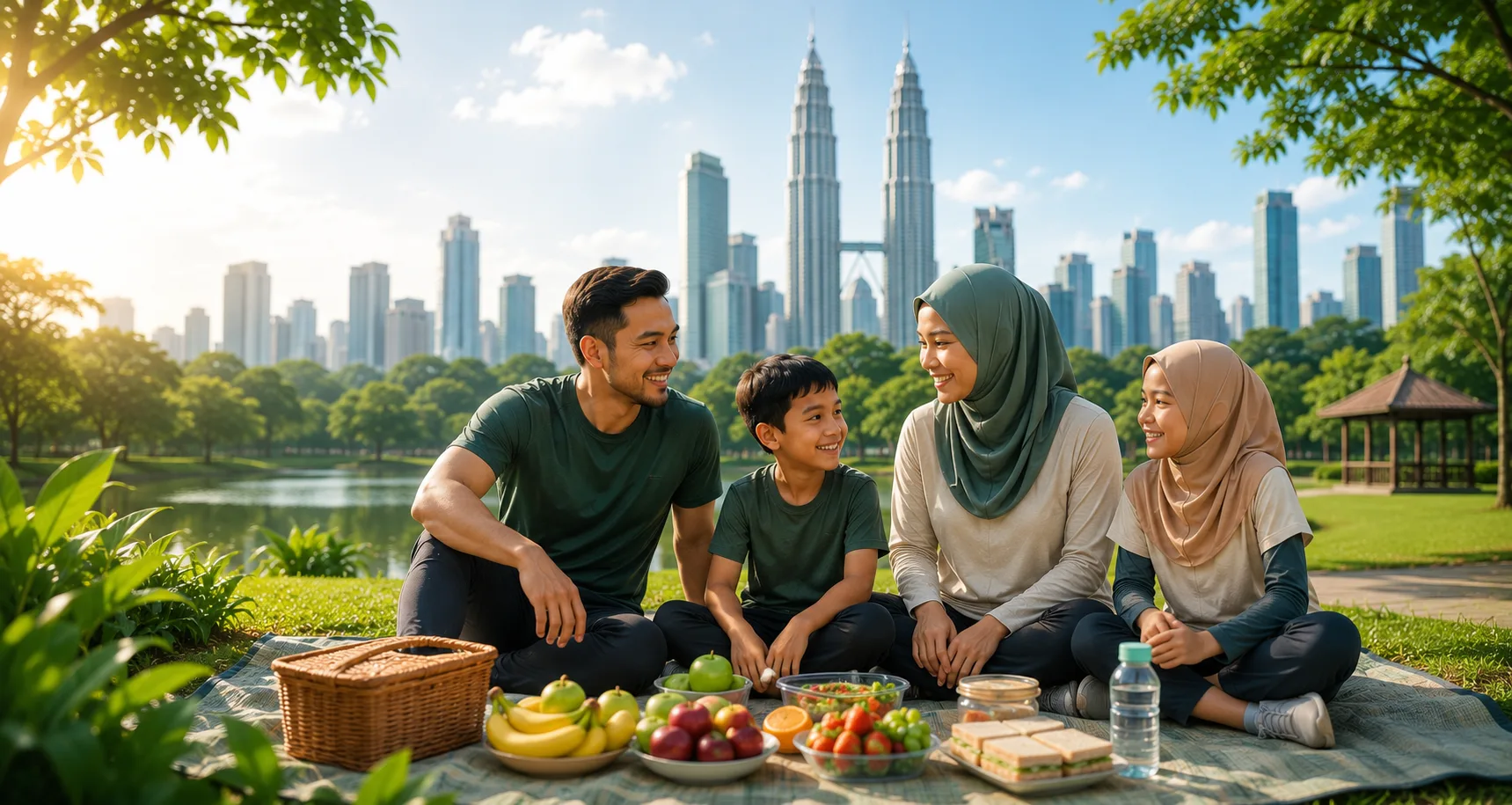 Keluarga Malaysia berkelah secara sihat di taman berlatarkan KLCC